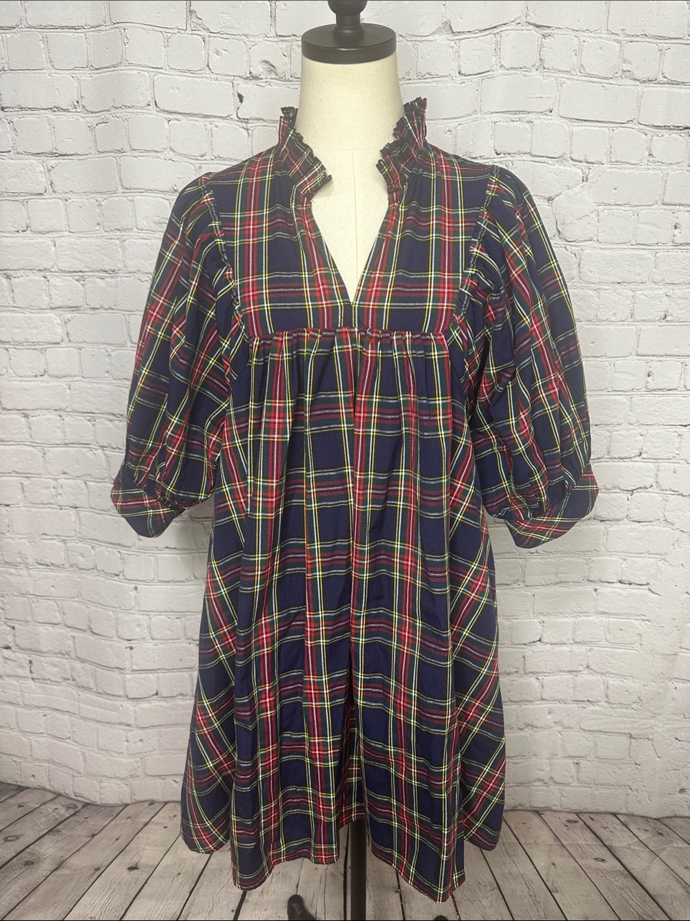 Entro Navy Plaid V Neck Puff Sleeve Babydoll Mini Dress S Small